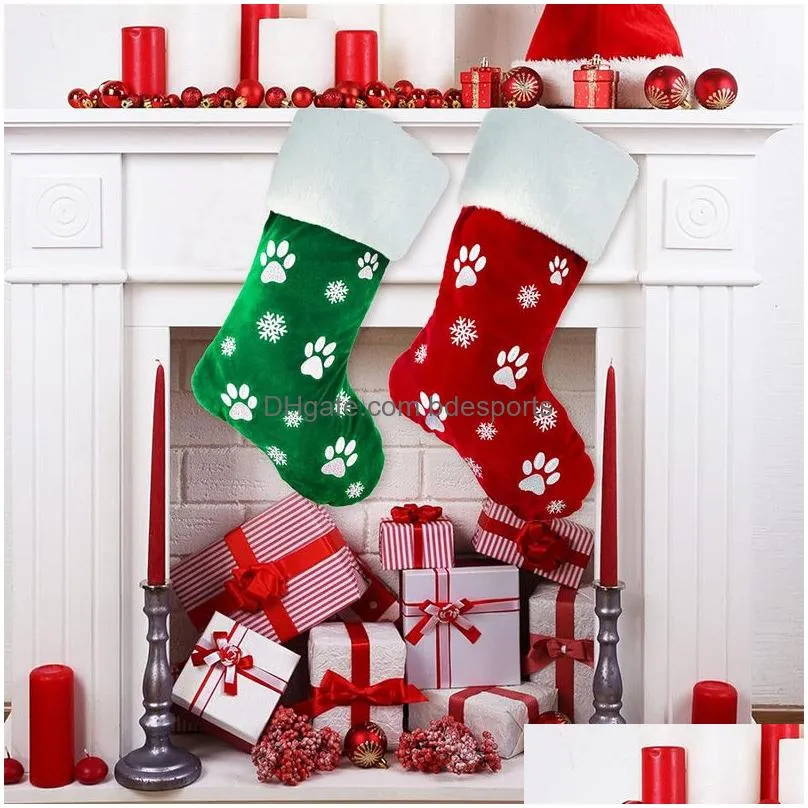 18 inch large christmas stocking dog cat paw print snowflake pattern hanging stockings red green christmas decorations gift bag xmas tree