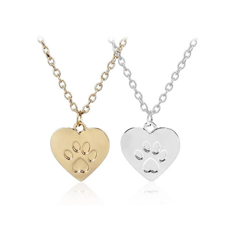 Pendant Necklaces Women Dog Paw Pendant Necklace Heart Shape Fashion Personality Simple Alloy Love Gold Sier Color Link Chain Jewelry Dhtq7