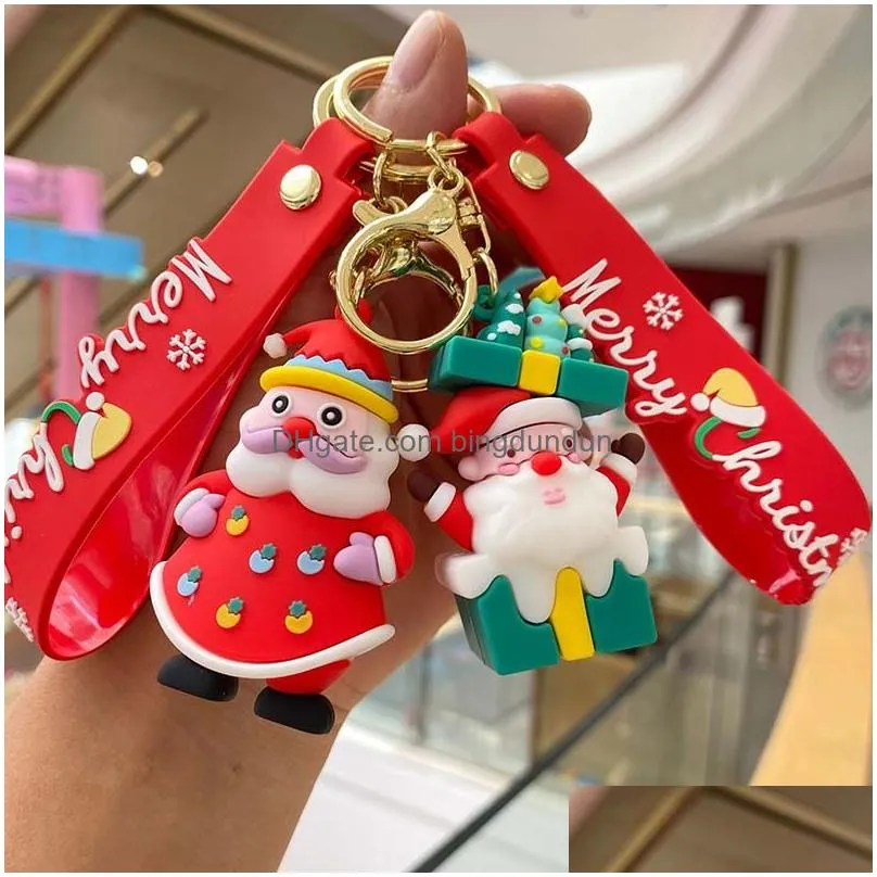 2024 cute santa claus snowman design 3d cartoon rubber keychain christmas tree decorative bottle christmas gift bag pendant