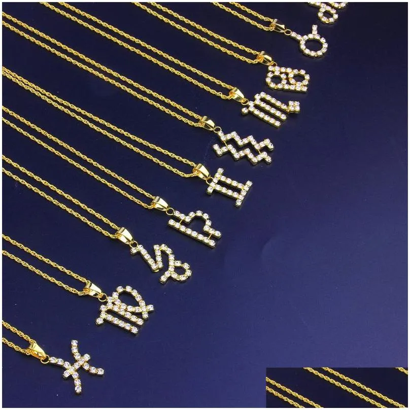 Pendant Necklaces Iced Out Zodiac Sign Necklaces Gold Sier Aries Horoscope Rhinestone Pendant Women 12 Constellation Stainless Steel M Dhvvy