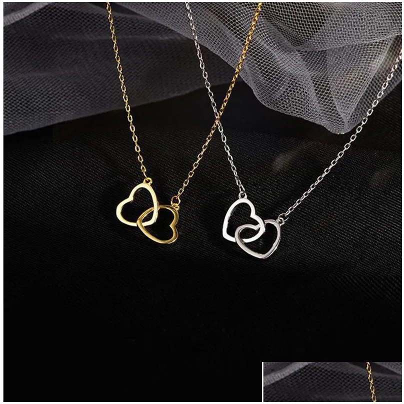 Pendant Necklaces Double Heart Pendant Necklaces Titanium Steel Love Charm Link Chain Necklace Women Fashion Simple Gold Sier Designer Dhmdq