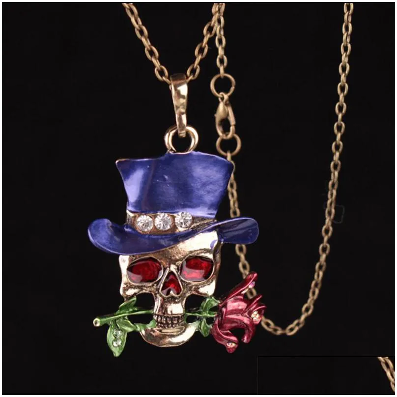 Pendant Necklaces Fashion Necklaces Halloween Skl Charm Jewelry Link Chain Magician Rose Flower Pendant Necklace For Women Girl Lady R Dh9Io