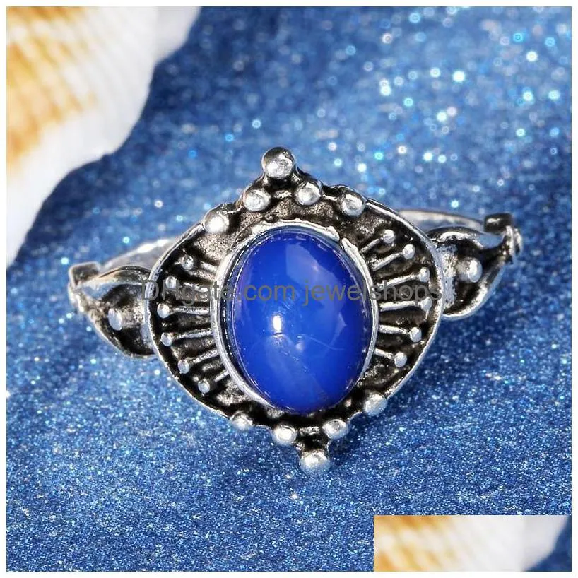 Cluster Rings Cluster Rings Fashion Luxury Women Engagement Jewelry Blue Stone For Bohemian Knuckle Ring Set Anillos Female Jewelry Ri Dhugk