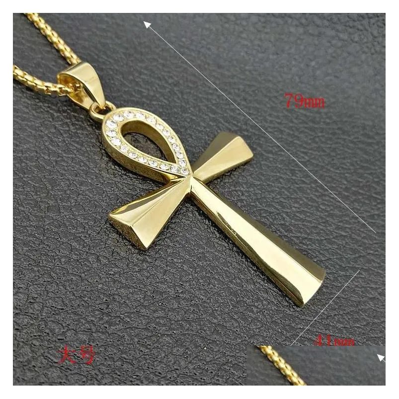 Pendant Necklaces Mens Iced Out Hip Hop Necklaces Egyptian Ankh Crucifix Pendant Necklace Stainless Steel Symbol Of Life Cross Jewelry Dhkne