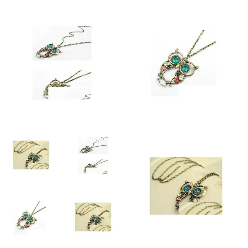 Pendant Necklaces Fashion 20Pcs/Lot Vintage Women Rhinestone Owl Charms Pendant Necklace Gift Jewelry Jewelry Necklaces Pendants Dhb5F