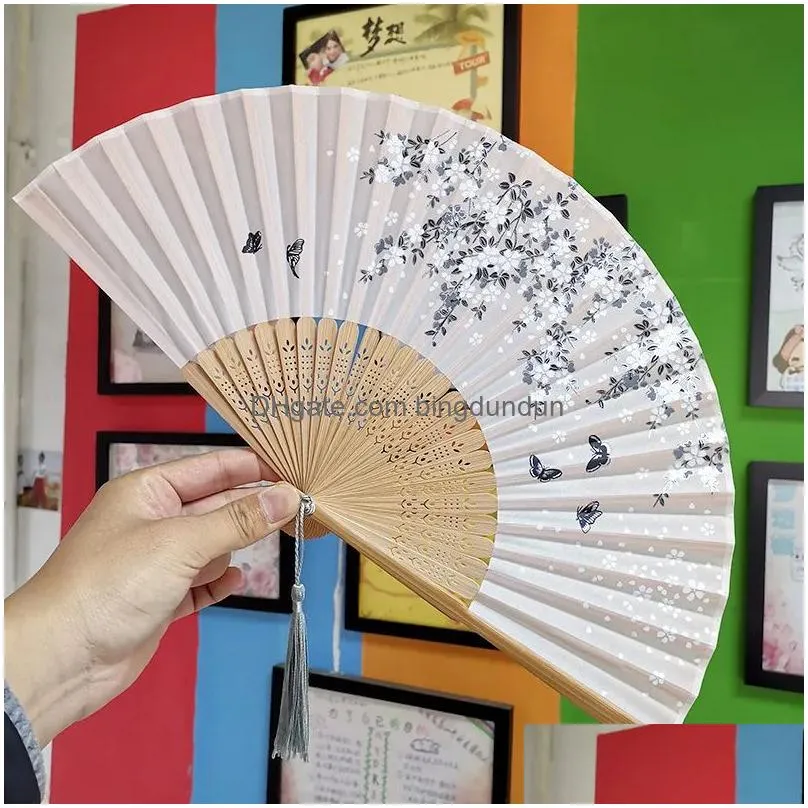 bamboo flower fold hand fans wedding chinese style silk fan children antique folding fan gift vintage party supplies