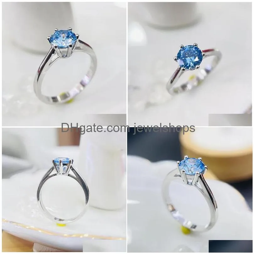 Cluster Rings Cluster Rings S925 Sier For Women Summer Ocean 6 Blue Cubic Zirconia Ring Bridal Wedding Fine Jewelry Simple Bijoux Jewe Dhofn