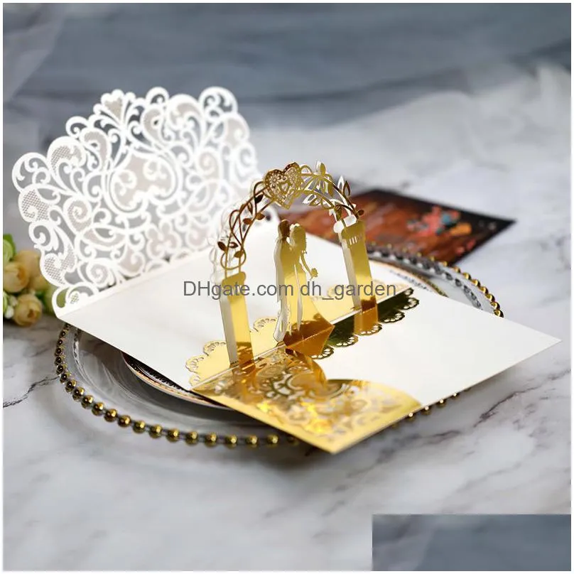 Greeting Cards Greeting Cards 25/50Pcs European Laser Cut Wedding Invitations 3D Tri-Fold Bride And Groom Lace Party Favor S Dhgarden Dhr9J