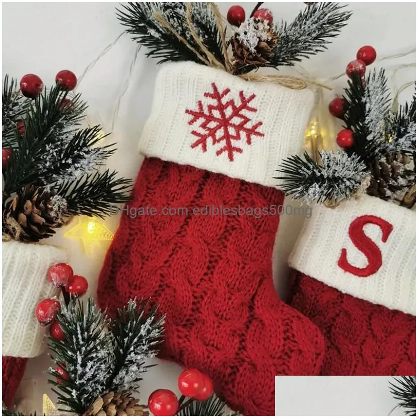 18x14cm christmas knitted stocking socks red snowflake alphabet 26 letters xmas tree pendant christmas ornaments decorations for family holiday party