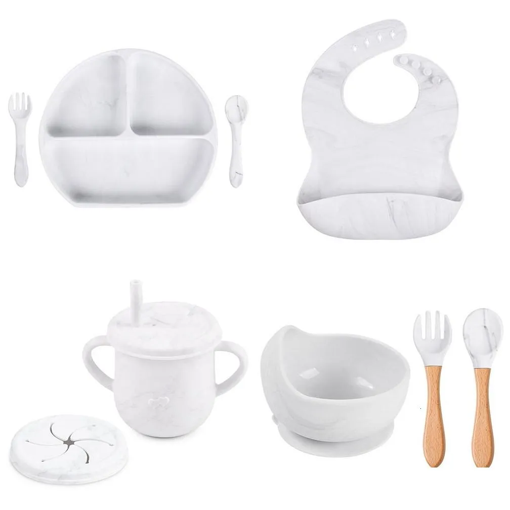 Cups, Dishes & Utensils Cups Dishes Utensils 468Pcs Baby Soft Sile Bib Dinner Plate Suction Cup Bowl Spoon Fork Set Non-Slip Food Grad Dhbgj