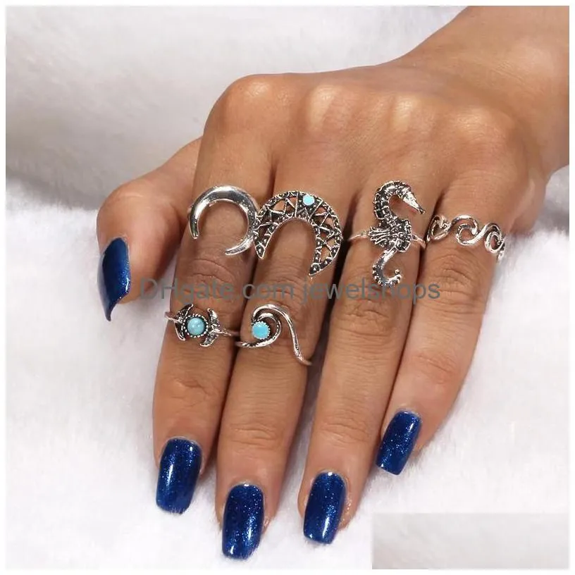 Cluster Rings Cluster Rings Fashion Luxury Women Engagement Jewelry Blue Stone For Bohemian Knuckle Ring Set Anillos Female Jewelry Ri Dhugk