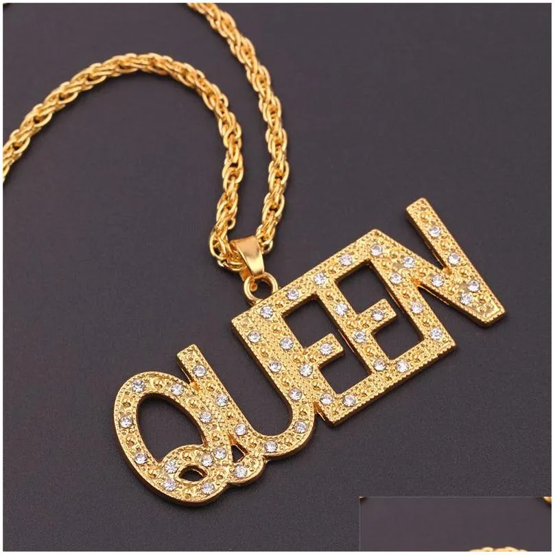Pendant Necklaces Diamond Cross Pendant Necklace For Men Women Crystal Rhinestone King Queen Letter Charms Fashion Gold Hip Hop Jewelr Dhc2N