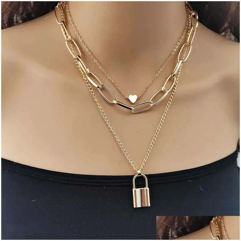 Pendant Necklaces Punk Style Lock Necklace Heart Pendant Mtilayer Women Personality Fashion Statement Necklaces Gift Gold Sier Link Ch Dh1Kj