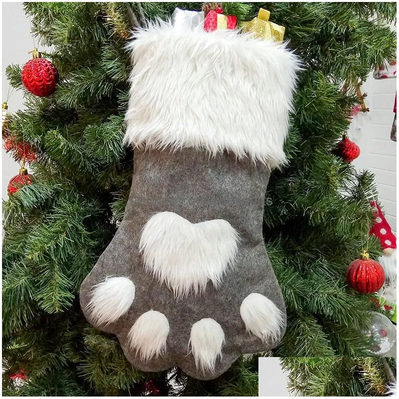 18inch pet dog cat paws plush christmas stocking ornaments plush xmas gift bags red hanging fireplace family holiday christmas