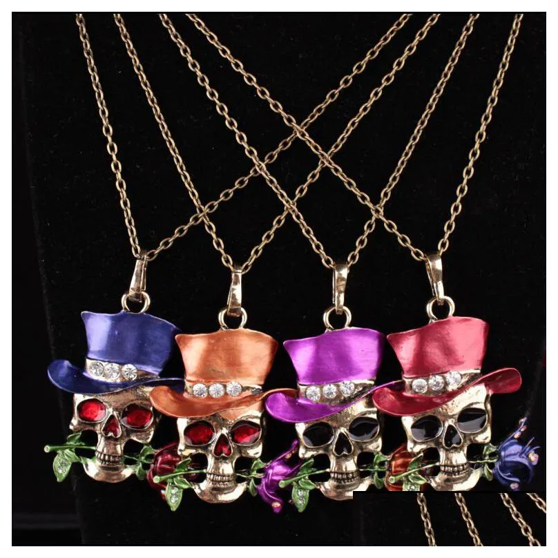 Pendant Necklaces Fashion Necklaces Halloween Skl Charm Jewelry Link Chain Magician Rose Flower Pendant Necklace For Women Girl Lady R Dh9Io