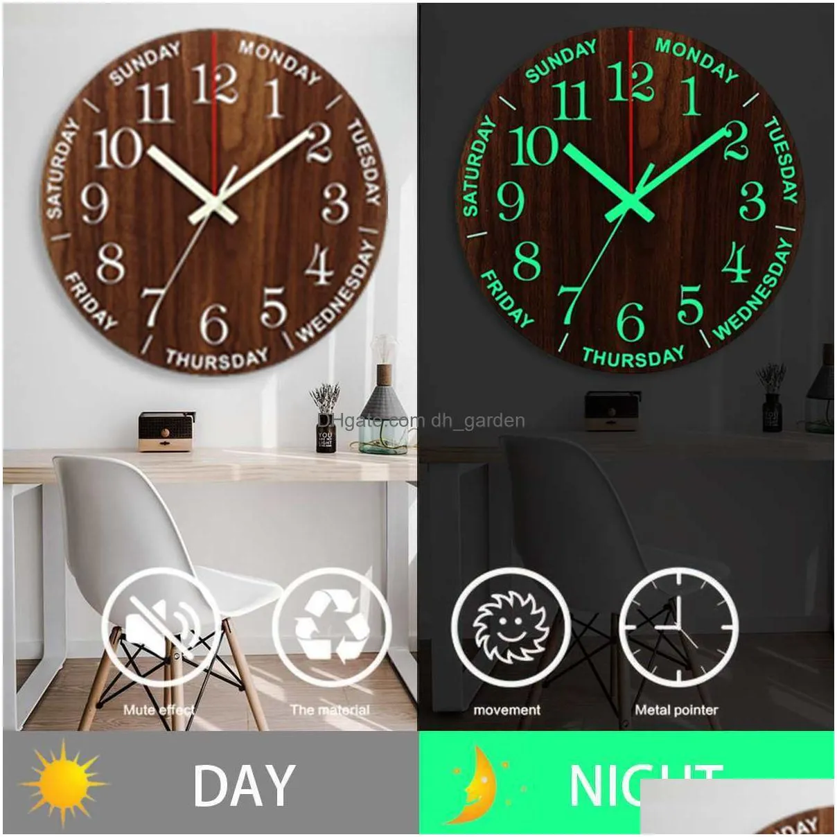Wall Clocks Wall Clocks 12 Inch Luminous Wood Silent Light In Dark Night Nordic Fashion Non Ticking With 230427 Home Garden Dhgarden Dhsy8