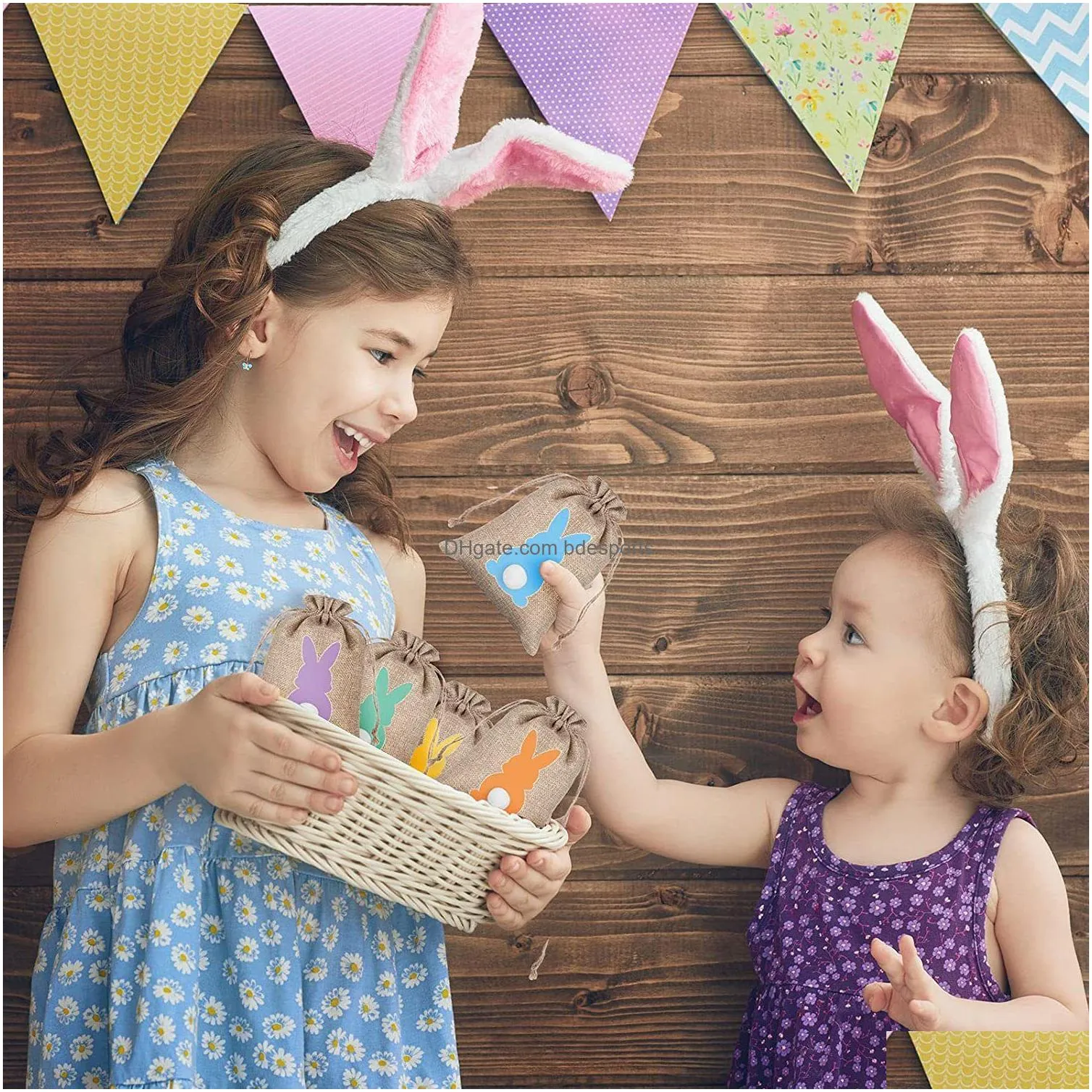 24pcs/set easter burlap bags cute rabbit bag funny bunny egg collection bunches candy packaging small gift pouch with drawstring for party favor