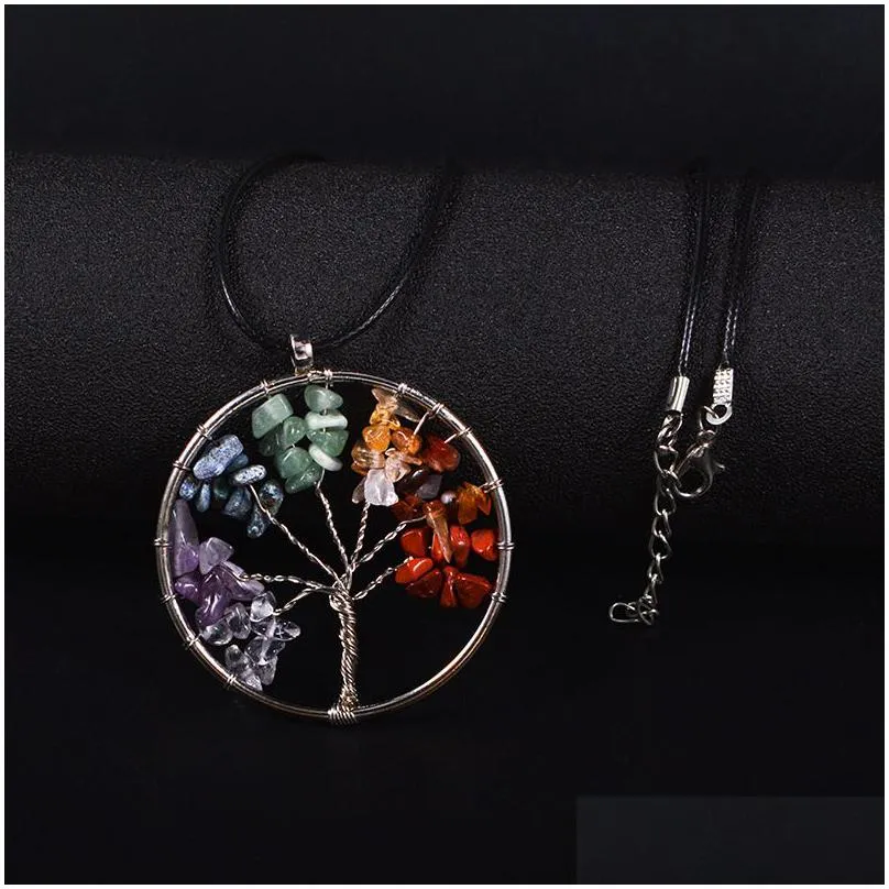 Pendant Necklaces Natural Stone Pendum Pendant Necklace For Women 7 Chakra Quartz Tree Of Life Healing Crystal Reiki Jewelry Black Lea Dhe3O