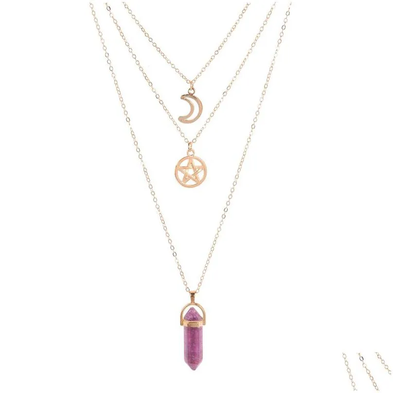Pendant Necklaces Natural Amethyst Stone Necklace Mtilayer Chain Crystal Quartz Hexagonal Prism Moon Star Women Pendant Necklaces Jewe Dha58