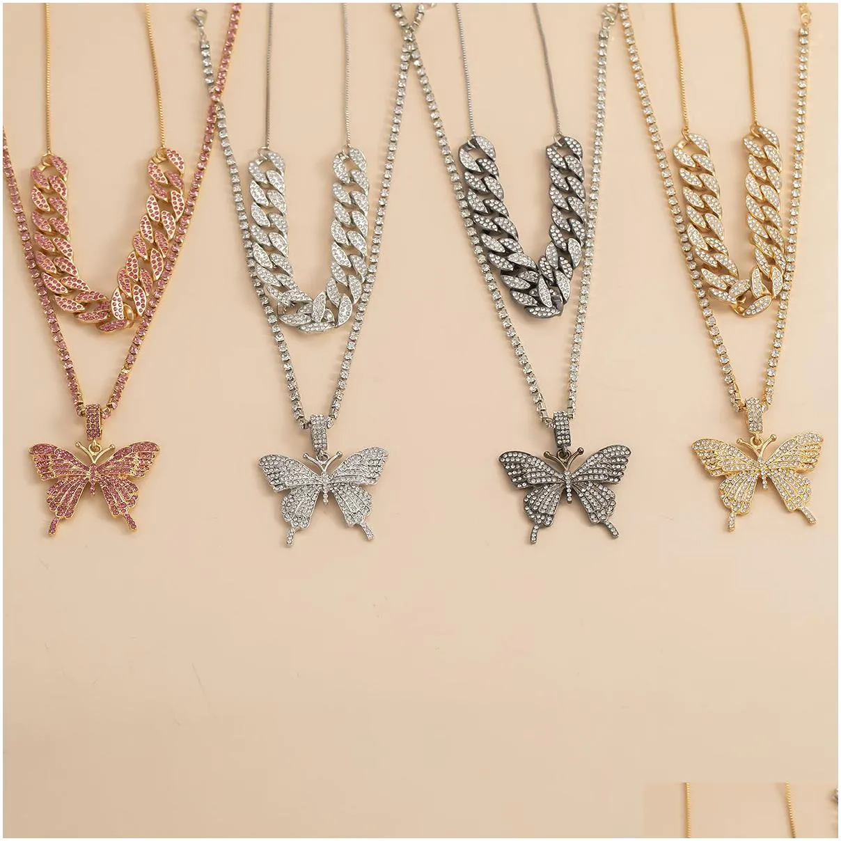 Pendant Necklaces Luxury Women Necklaces Iced Out Cuban Link Chains Butterfly Pendant Crystal Rhinestone Animal Hip Hop Jewelry Gold P Dh9Tz