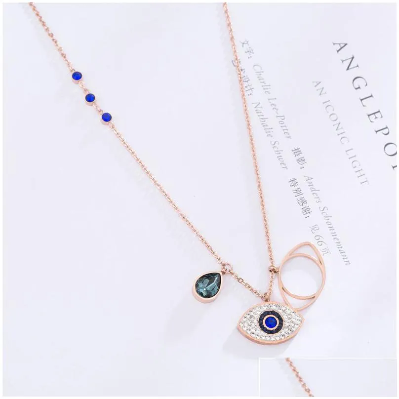 Pendant Necklaces Blue Evil Eye Pendant Necklace Rose Gold Turkey Women Titaniun Steel Jewelry For Girls Fashion Rhinestone Choker Wit Dhmly