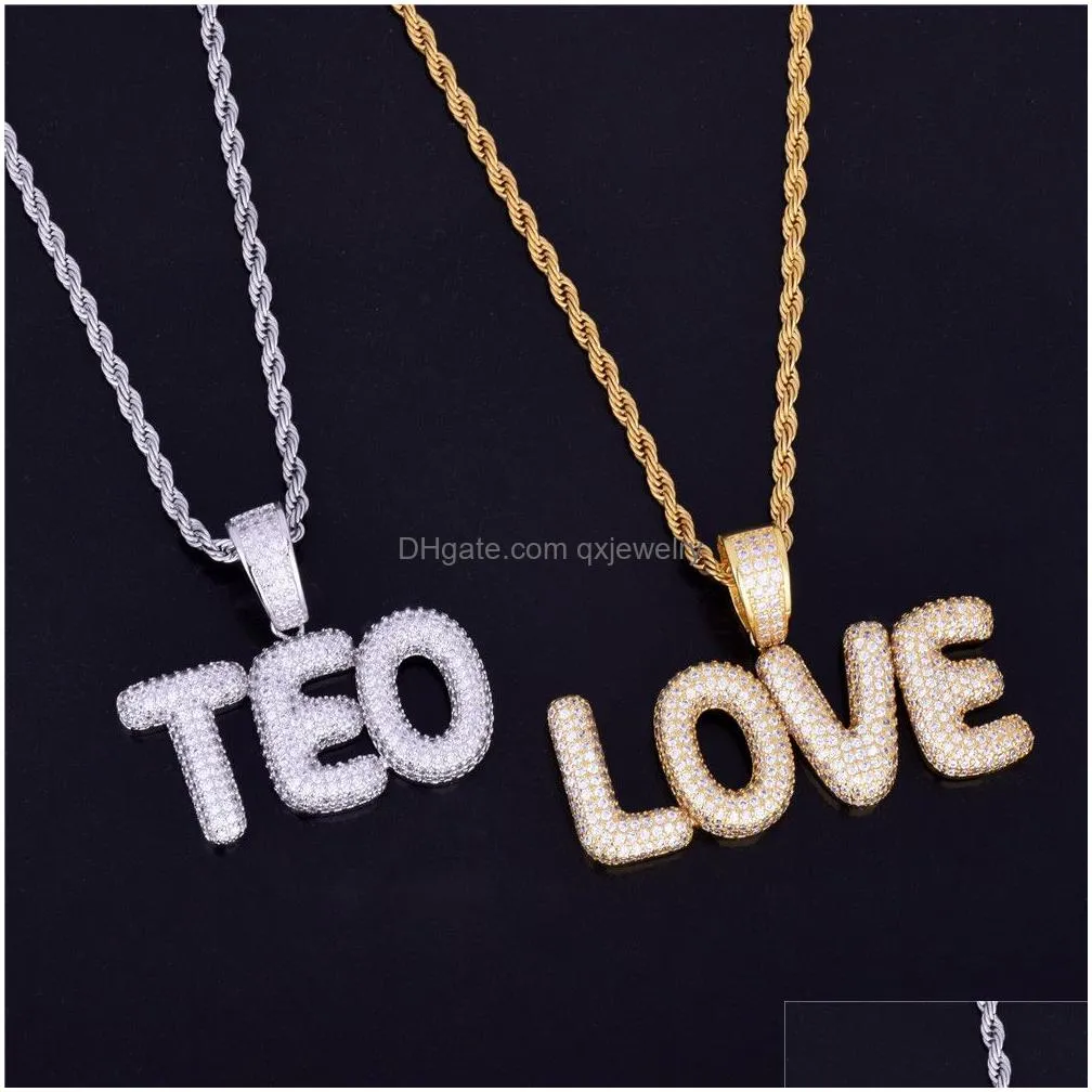 Pendant Necklaces New Men039S Custom Name Small Bubble Letters Necklaces Pendant Ice Out Cubic Zircon Hip Hop Jewelry Rope Chain Two C Dhxs5