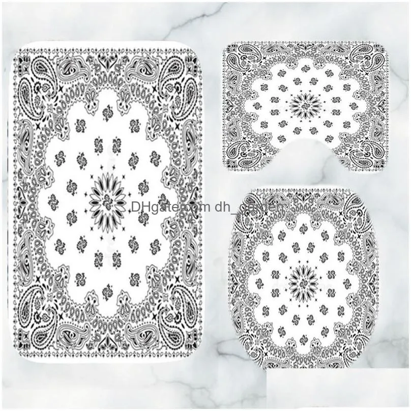 Shower Curtains Black White Paisley Bandana Pattern Bathroom Curtain Shower Set For Floral Border Ornament Bath Mats Rug Dec Dhgarden Dhumt