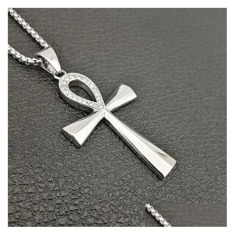 Pendant Necklaces Mens Iced Out Hip Hop Necklaces Egyptian Ankh Crucifix Pendant Necklace Stainless Steel Symbol Of Life Cross Jewelry Dhkne