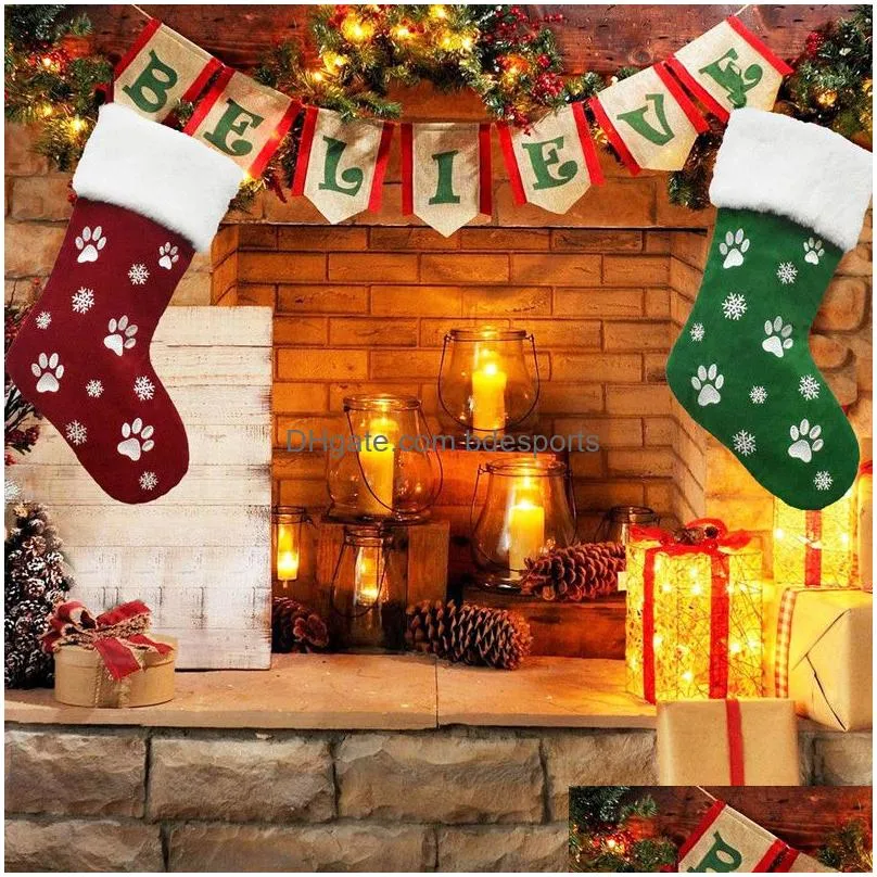 18 inch large christmas stocking dog cat paw print snowflake pattern hanging stockings red green christmas decorations gift bag xmas tree