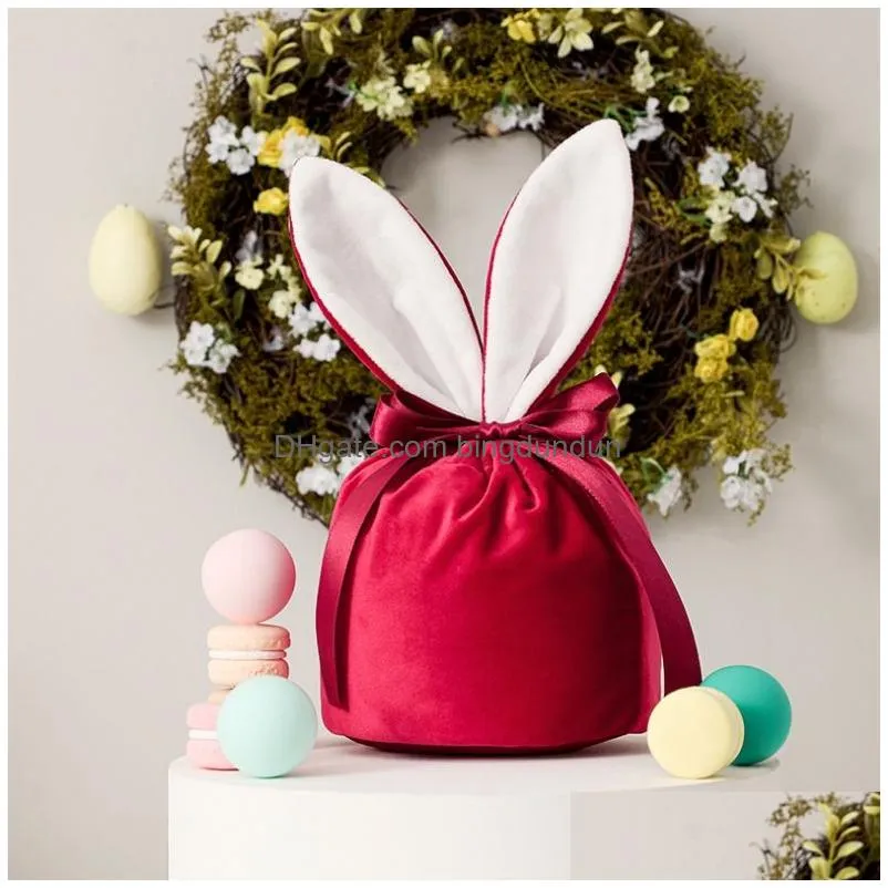 wholesale easter decoration candy gift bag drawstring bucket velvet bunny easter basket