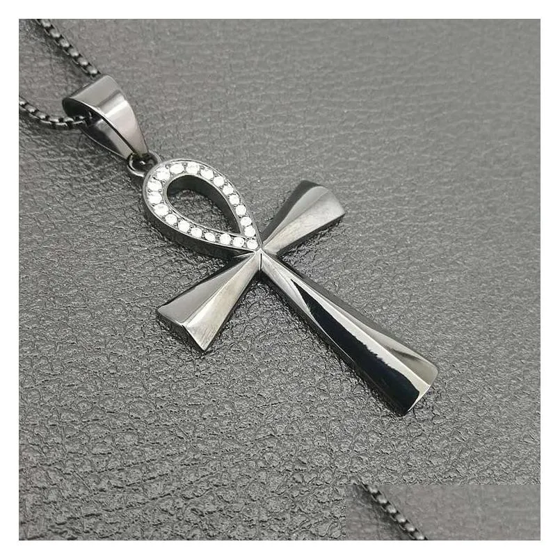 Pendant Necklaces Mens Iced Out Hip Hop Necklaces Egyptian Ankh Crucifix Pendant Necklace Stainless Steel Symbol Of Life Cross Jewelry Dhkne