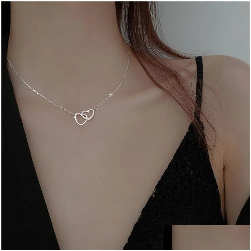 Pendant Necklaces Double Heart Pendant Necklaces Titanium Steel Love Charm Link Chain Necklace Women Fashion Simple Gold Sier Designer Dhmdq