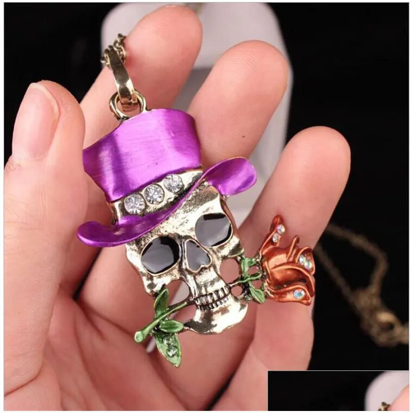Pendant Necklaces Fashion Necklaces Halloween Skl Charm Jewelry Link Chain Magician Rose Flower Pendant Necklace For Women Girl Lady R Dh9Io
