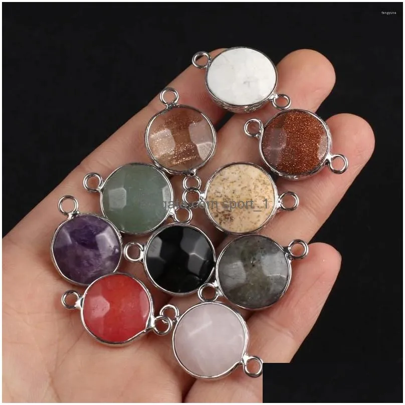 pendant necklaces 5pc natural stone pendants round amethyst pink quartzs double hole connector for trendy jewelry making diy women