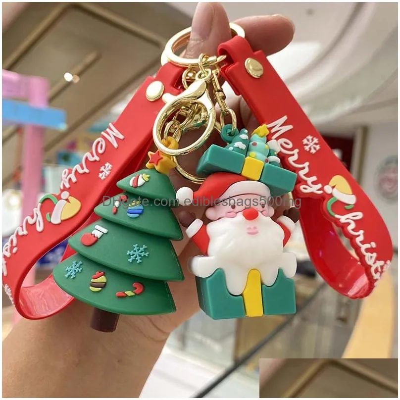 2024 cute santa claus snowman design 3d cartoon rubber keychain christmas tree decorative bottle christmas gift bag pendant