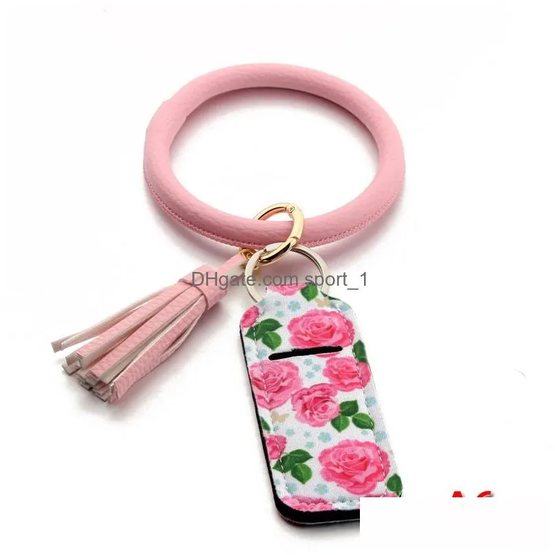 lipstick holder keychains wristlet bracelet key chain pu leather bangle with tassel neoprene lip balm tube chapstick pocket portable keyring bag charm