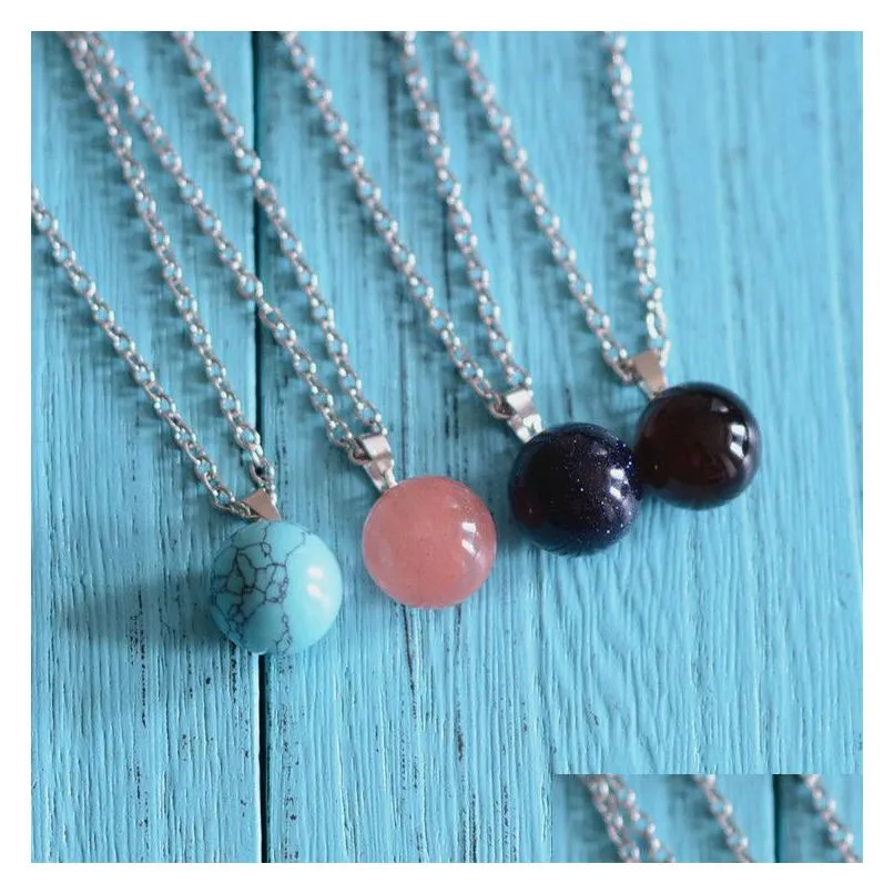 Pendant Necklaces Round Ball Pendant Necklaces Amethyst Crystal Blue Turquoise Bead Sier Link Chain For Women Men Fashion Natural Ston Dhqqh