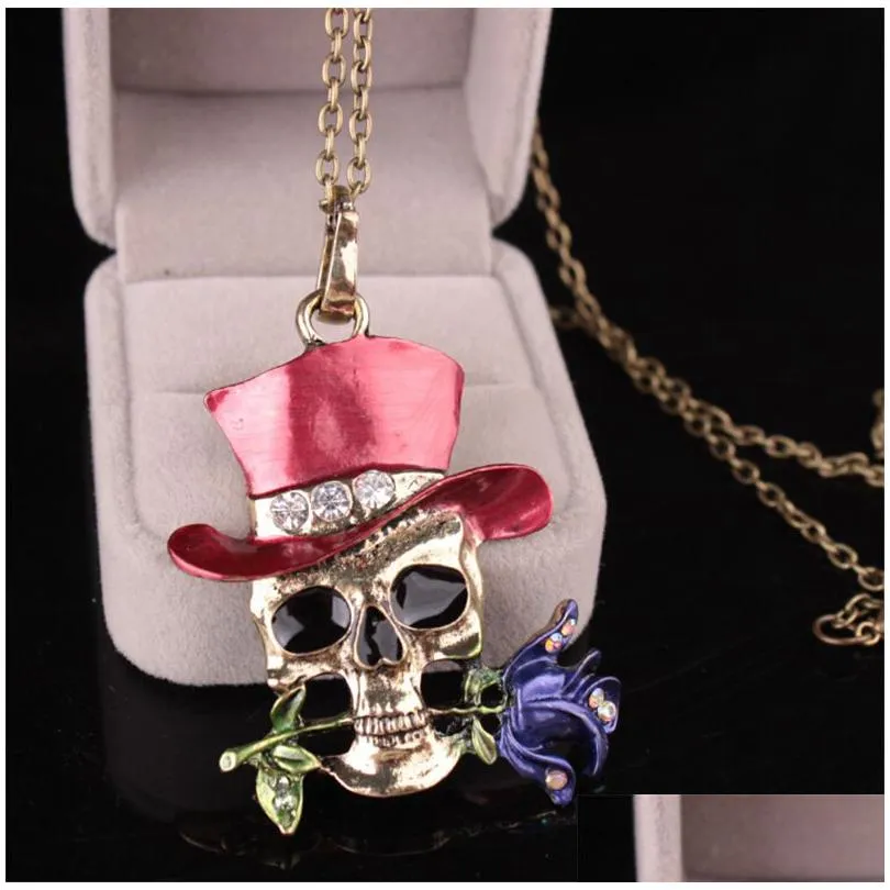 Pendant Necklaces Fashion Necklaces Halloween Skl Charm Jewelry Link Chain Magician Rose Flower Pendant Necklace For Women Girl Lady R Dh9Io