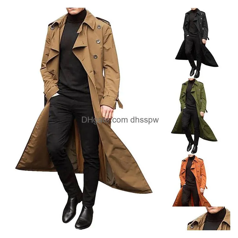 mens trench coats men overcoat vintage double breasted jacket coats mens business black long solid windbreak coat outwear