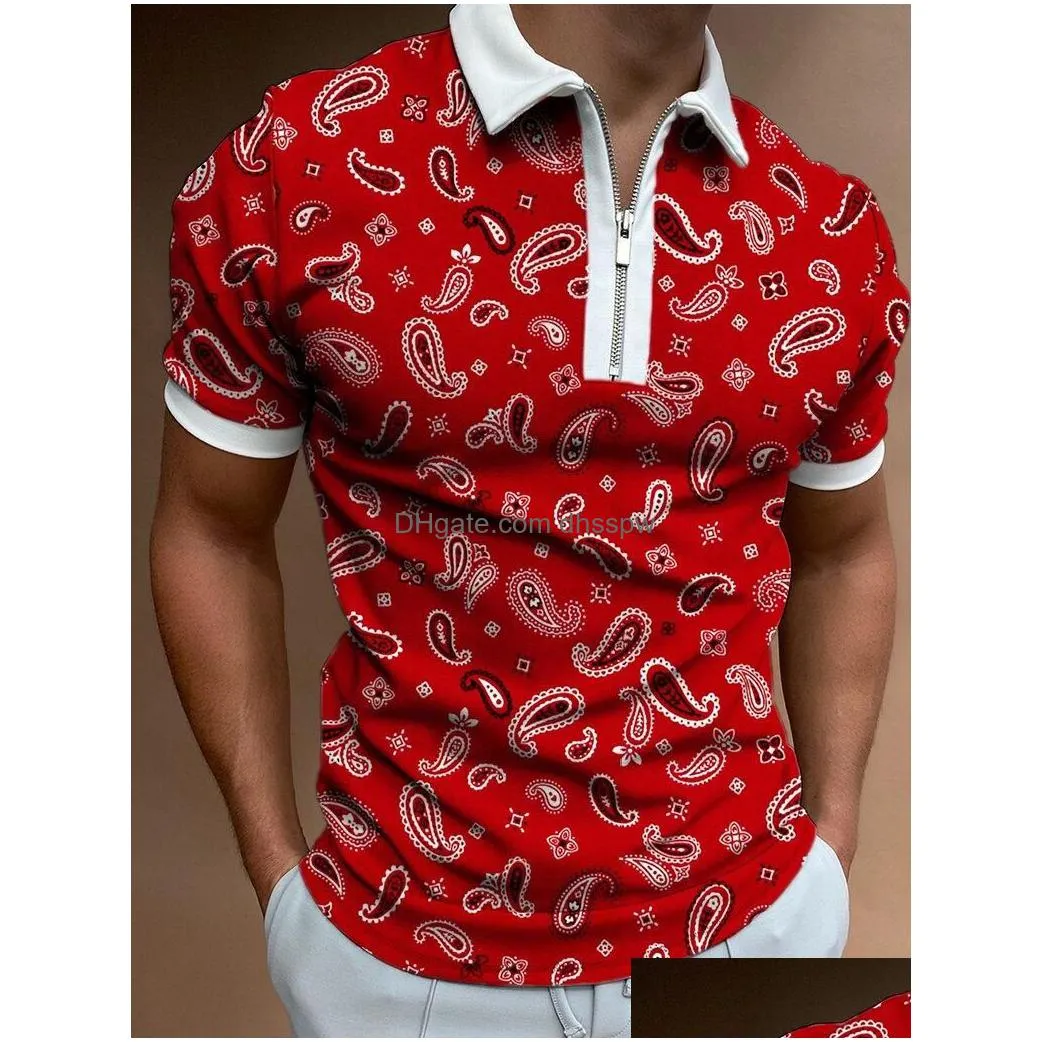 mens polos summer high quality men shirts street print casual short sleeve mens turn-down collar zipper shirt