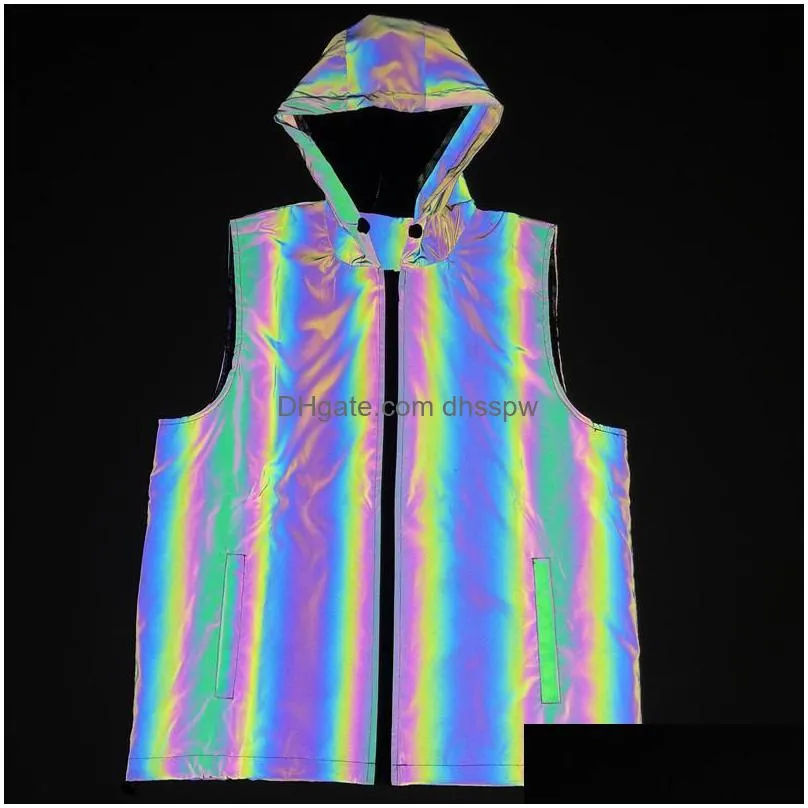 mens hoodies sweatshirts colorful reflective hooded vest hip hop men sleeveless jacket night safety reflect light cycling take walk