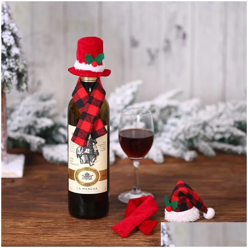 Christmas Decorations Christmas  Plaid Mini Santa Hat And Scarf Wine Bottle Er Sierware Holder Xmas Table Ornaments Xbjk2110 Ho Dhqdl