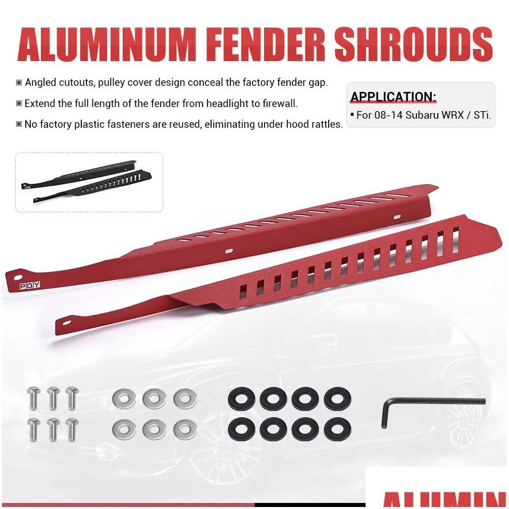 2pcs aluminum left right fender shrouds kit black/red panel plate engine bay w/ hardware for 2008-2014 subaru wrx sti -ccr05
