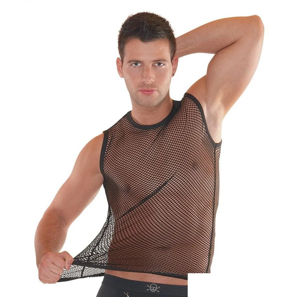 mens t-shirts m-2xl summer style fashion fish tulle net tanks men sexy lingerie fitness tops tees night club plus size sleeveless black