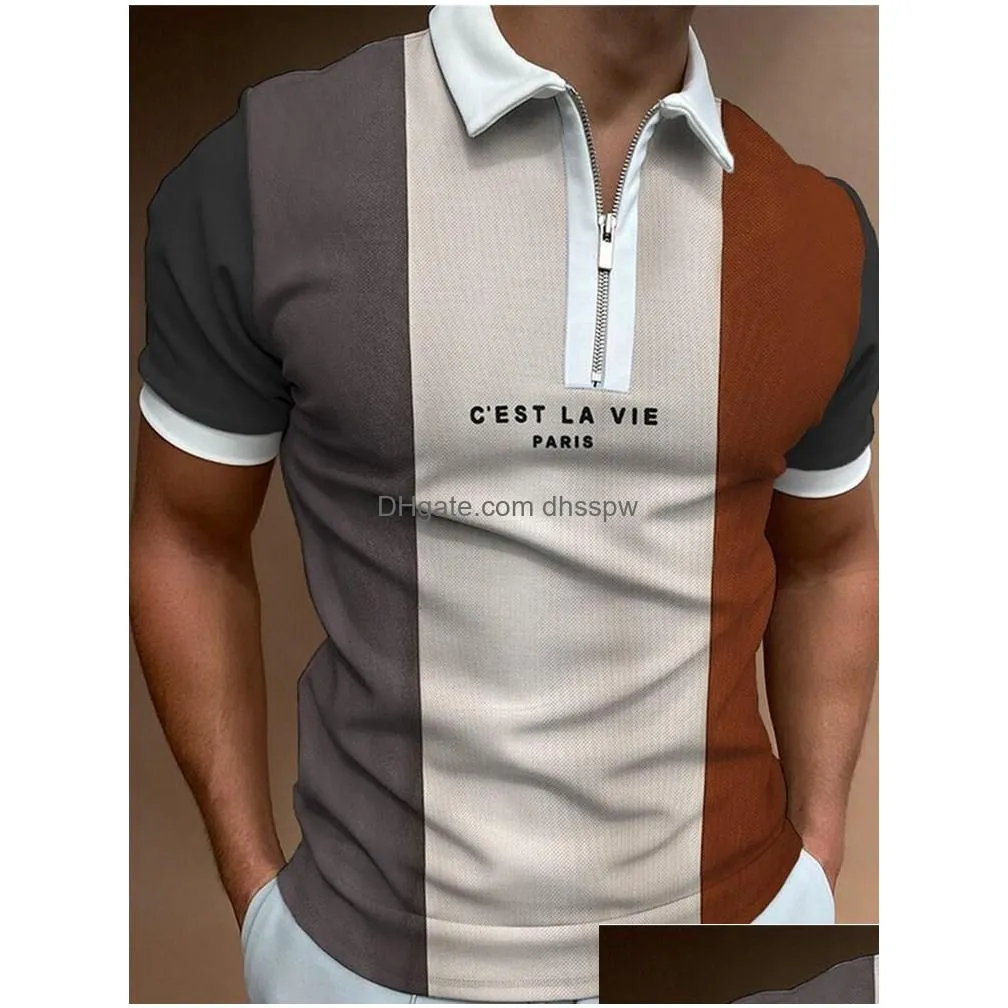 mens polos 2022 men shirts summer high quality casual daily short sleeve striped mens turn-down collar zippers tees