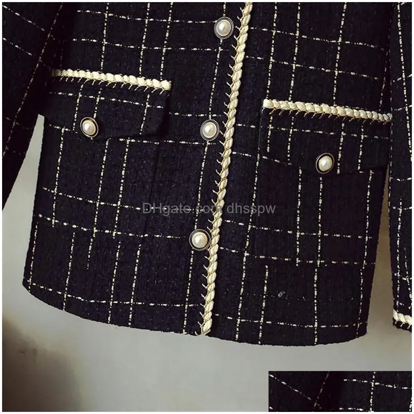 womens jackets korean luxury designer wool coat women black vintage v neck plaid tweed golden buttons elegant office lady outwear