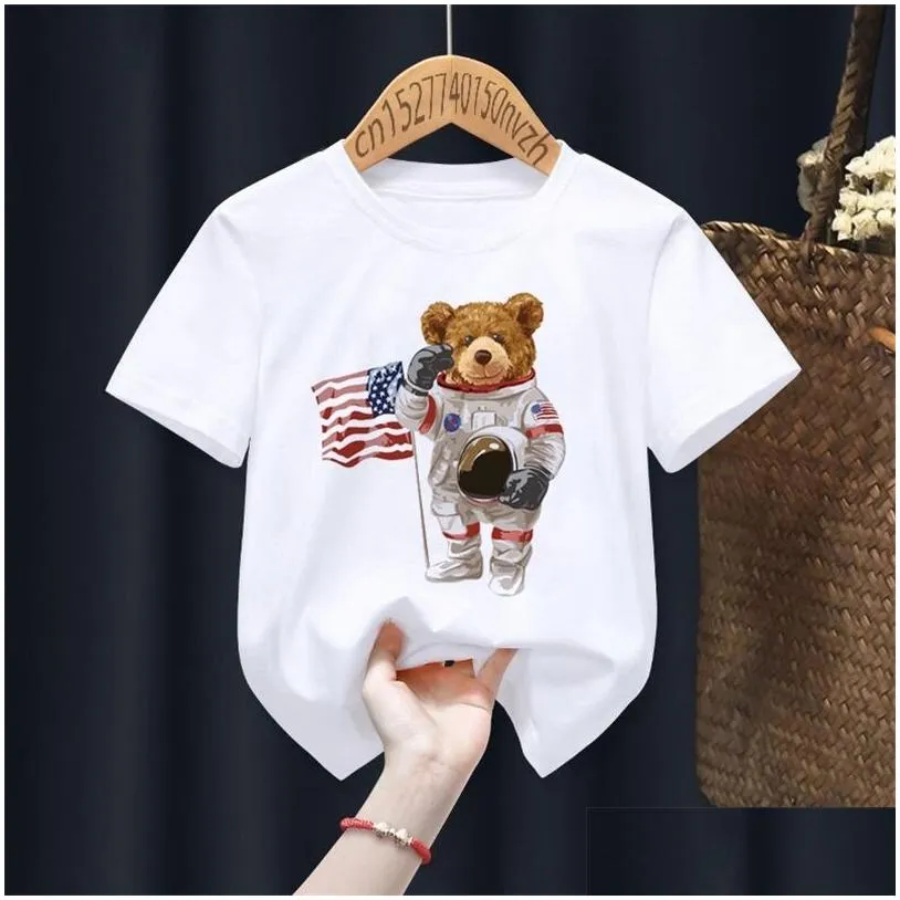 Family Matching Outfits Funny Bear Riding Motorcycle Print Boy Girl White T Shirt Kid Summer Harajuku Kawaii Little Baby Y2K Clothes D Dhllb