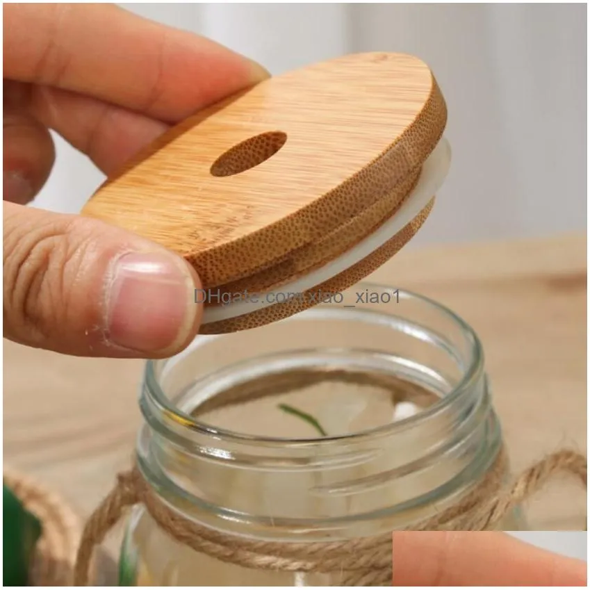 70mm/86mm wide mouth reusable bamboo lids mason jar canning caps with straw hole non leakage silicone sealing wooden covers drinking storage jars
