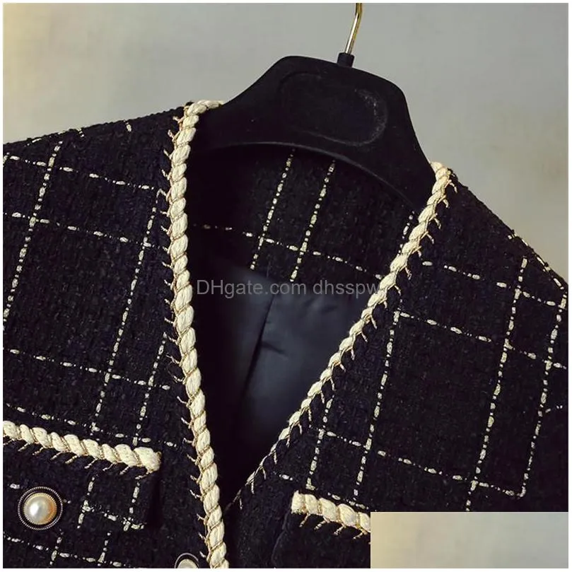 womens jackets korean luxury designer wool coat women black vintage v neck plaid tweed golden buttons elegant office lady outwear