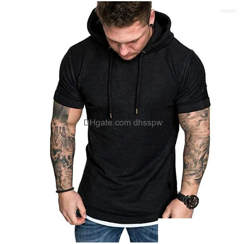 mens hoodies summer stylish mens casual hoodie lace up white shirt hooded short sleeve slim tops sport wear plus size solid